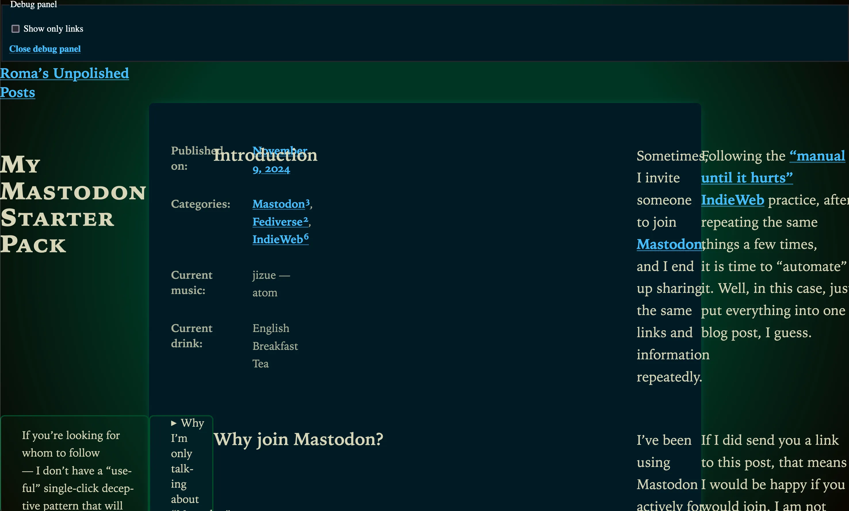 An “above the fold” screenshot of&nbsp;the “My&nbsp;Mastodon Starter Pack” article, showing the broken and mostly unreadable layout. The elements in&nbsp;the screenshot go&nbsp;into incorrect places in&nbsp;the grid.