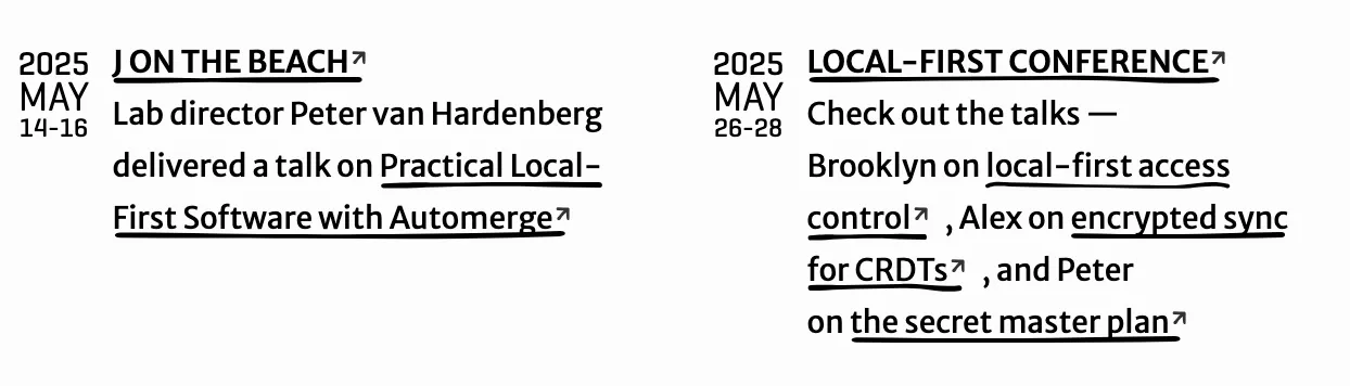 A very similar screenshot to before, but now each underline looks like its own separate line, including on the wrapped links. Another difference from the previous screenshot is in how words wrap in the second column.