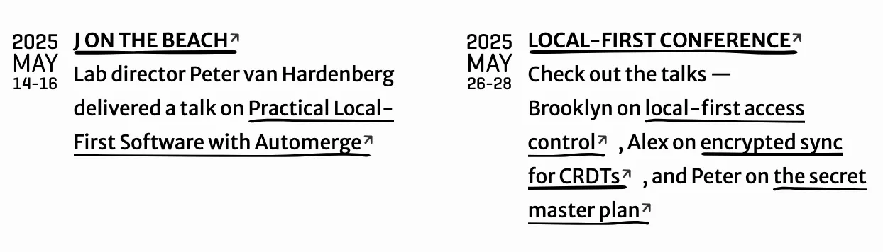A screenshot of two columns with some text and links: the links have decorative thick “as if drawn” underlines that look different on every link. When the links wrap, their edges are hard, as if they were cut with scissors.
